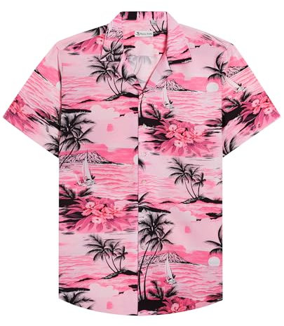 siliteelon Mens Hawaiian Shirt Cotton Regular Fit Short Sleeve No Iron Casual Beach Summer Aloha Shirt,Pink,XL