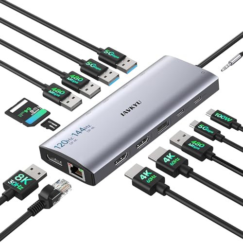 Triple Monitor Dockingstation, 14-in-1 USB C Hub mit DP 8K@30Hz/4K@144Hz, Dual HDMI 4K@60Hz, 100W PD, 7 USB-Anschlüsse, SD/TF Kartenleser, Gigabit Ethernet für MacBook & Windows Laptop