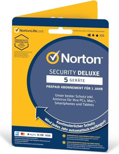 Virenschutz von Norton Security Deluxe 5 Geräte - 1 Jahr - 2024 / 2025 - PKC - [Software Lizenz per Briefversand] - für Windows, Mac, Android, iOS - Ohne Abo