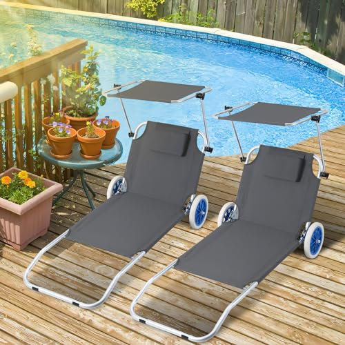 Tubiaz 2 sdraio pieghevole con tetto, sedia a sdraio con ruote, schienale regolabile in 5 posizioni, portata 100 kg, per spiaggia o piscina, giardino, alluminio, grigio