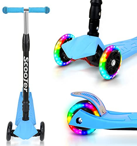 Fiqops Roller, Roller Kinder für 3–12 Jahre,Scooter Kinder mit 4 Verstellbaren Höhen, LED Leuchtenden Räder Kinder Roller,Faltbar Scooter Leicht zu Lenken,Hinterbremsen,Cityroller Kinder（Blau）