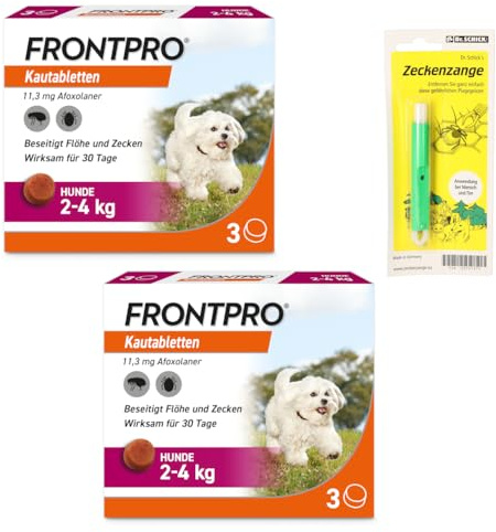 FRONTPRO Kautabletten für Hunde 2-4kg Doppelpack gegen Zecken und Flöhe mit Zeckenzange: Schutz für 30 Tage