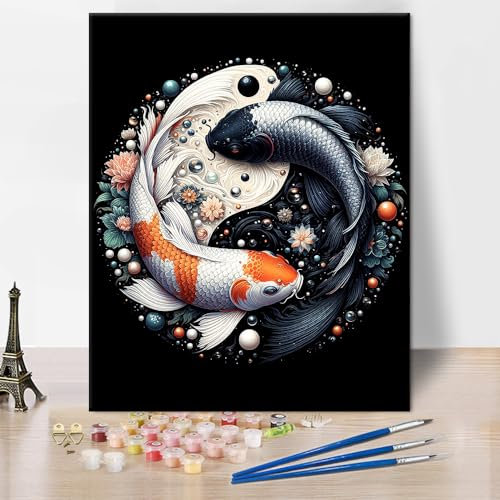 Koi Poisson Peinture par numéros pour adultes débutants Yin Yang Peinture par numéros Kits Noir Blanc Deux Poissons Koi Adulte Peinture par numéros Acrylique Peinture par numéros Kits Décoration
