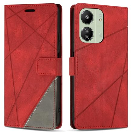 SONWO Case for Redmi 13C 4G, Premium PU Leather Flip Wallet Case Cover with Magnetic Closure and Card Slots, Phone Case for Redmi 13C 4G, Red