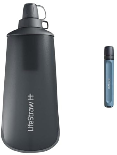 LifeStraw Peak Series - Gourde compressible avec système de filtration d'eau 1l & Peak Series - Paille filtrante Personal Water pour filtration, urgence, survie