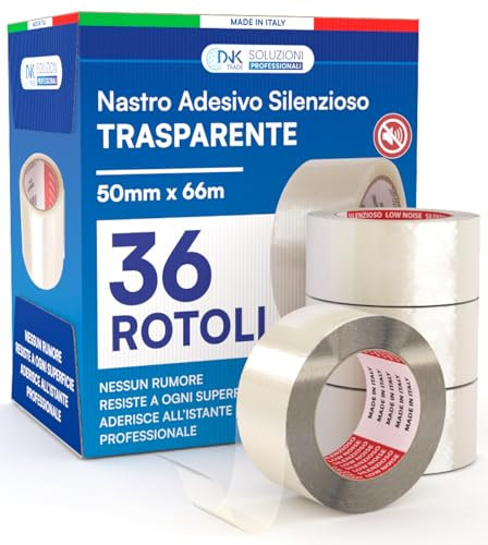 DNK TRADE Nastro Adesivo Trasparente da Imballaggio Pacchi 50mm x 66m Silenzioso Resistente all'Acqua Sigilla e Protegge Scatole per Traslochi e Spedizioni - 36 Rotoli