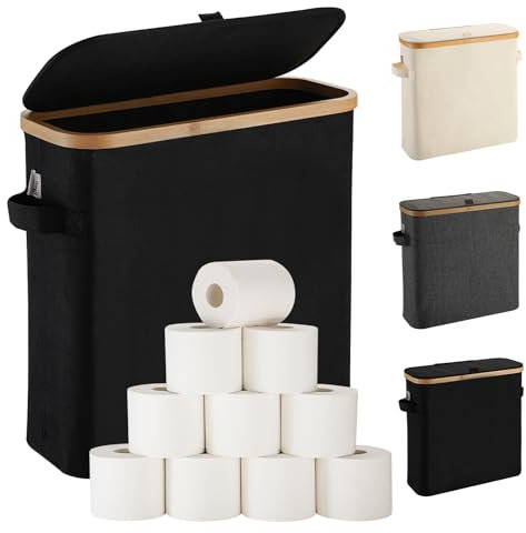 Toilettenpapier Aufbewahrung Korb mit Deckel aus Bambus für Mega Toilettenpapier, Toilettenpapier Stehend Klopapier Aufbewahrung Box Bad WC-Papier Badezimmer Organizer, Ersatzrollenhalter, Schwarz