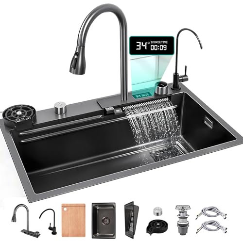 ATHOMASM 85x45cm Fregadero De Cocina 1 Seno De Acero Inoxidable - Gran Capacidad, Con Grifo Cascada, Pantalla De Temperatura Y Accesorios Completos - Fregadero Multifuncional Para Cocina Moderna
