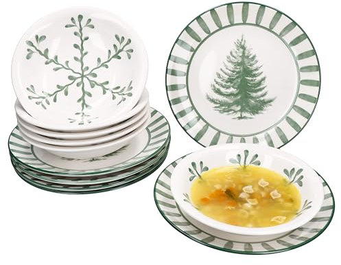 MamboCat Wald grün 12tlg Tafelservice I Steingut-Geschirr für 6 Personen Tanne & Zweigen I 6x flache Speiseteller & 6x tiefe Suppenteller 400ml