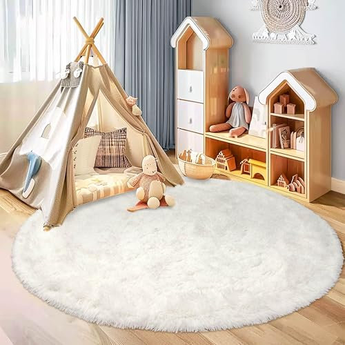 BSGIFT Teppich Hochflor Rund 100 cm Creme, Shaggy Langflor Teppich Wohnzimmer Flauschig, Modern Wohnzimmerteppich Bettvorleger High-Pile Carpet rutschfest für Schlafzimmer Kinderzimmer