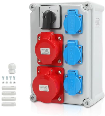 Daromigo Wandverteiler, Baustromverteiler mit L-0-P Nockenschalter und MCB, 3xSchuko-Steckdose16A 230V, 1xCEE Steckdosen 16A 5P, 1xCEE Steckdosen 32A 5 Polig, für Innen und Außen