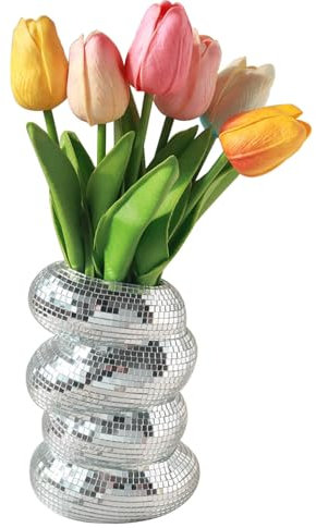 Disco Ball Planter - Disco Ball Vase for Flower, Disco Ball Planter for Table Centerpieces Disco Ball Decor, Disco Ball Flower Vase, Mirror Vases for Flowers Decor, Silver Mirror Glass for Party