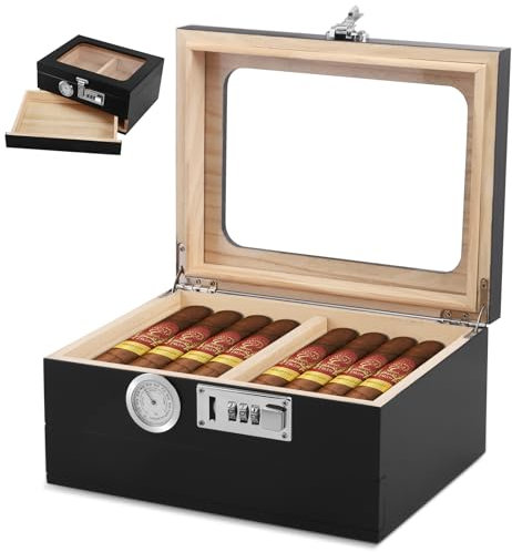 Holz Humidor mit Schloss, Schubladen Zahlenschloss Zigarren Aufbewahrungsbox, Zedernholz Humidor mit digitalem Hygrometer, Geschenk Zigarren Zubehör für Männer (20–35 Zigarren)
