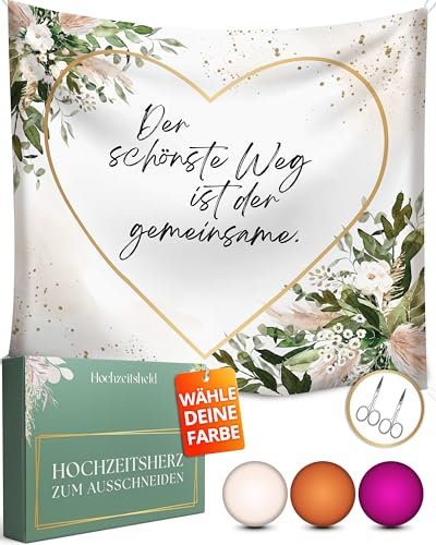 HOCHZEITSHELD - Hochzeitsherz zum Ausschneiden inkl. 2 Scheren als Hochzeitsspiel, Standesamt Deko oder Hochzeitsdekoration - Hochzeitslaken, Hochzeit Laken Herz, Bettlaken, Hochzeitstuch 200x180cm