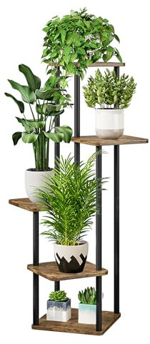 nabbi Blumenständer/Pflanzenständer - Metall mit Holzoptik - Pflanzenregal/Blumenregal für Wohnzimmer, Schlafzimmer - Blumentreppe für innen, Pflanzentreppe - Hoch, Mehrstöckig, Schwarz -Adite