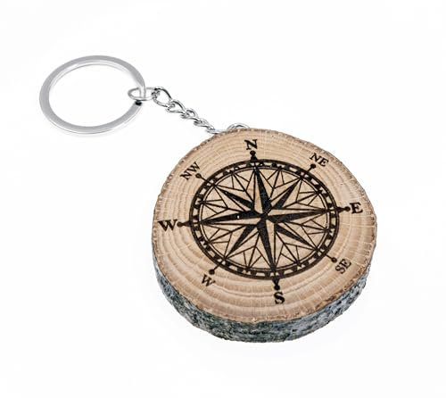 Generico Porte-clés en bois naturel avec boussole, rose des vents, exploration, Bois de hêtre, Taille Unique