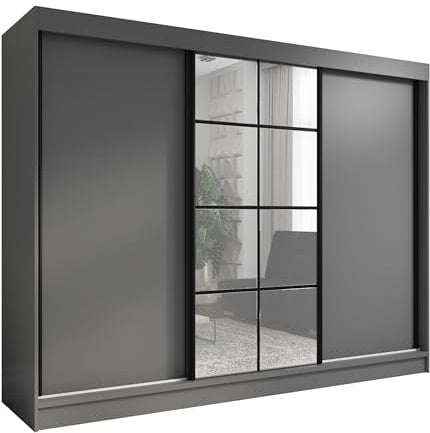 A&J MöbelLand Schwebetürenschrank ORAVELLE Kleiderschrank 3-türig mit Schubladen, und Spiegel, Garderobe 200 cm (Graphit)