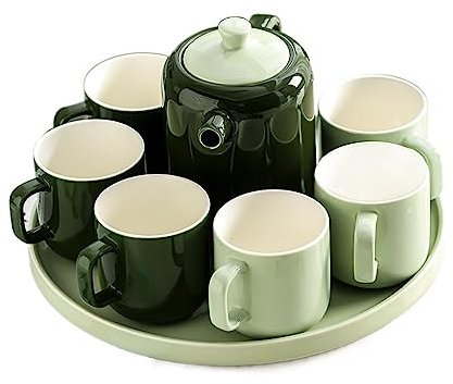 Teeglaskrug Wasser Tasse Tee-Set Haushalt Kreative Set Tasse Keramik Wasser Set Tee Tasse Wohnzimmer Familie Tasse Glaskrug mit Deckel(Green)
