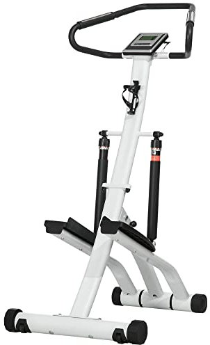 SPORTNOW Stepper con manubrio, Stepper Fitness pieghevole a 12 livelli di resistenza regolabili separatamente, schermo LCD, portabottiglie, 2 ruote, gradino per scale pedali antiscivolo, bianco e nero