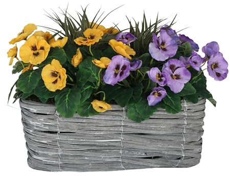 GreenBrokers Artificial Grey Rattan Window Box with Purple & Yellow Pansies and Decorative Grasses