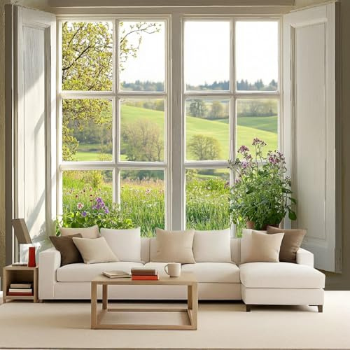 Papier Peint Photo Non Tissé 150x105 cm Fenêtre Paysage Fleurs Forêt Rivière Effets 3D Photo Geant Mural Wallpaper Mat Image Muraux Poster pour Salon Chambre Couloir Bureau Salon Décoration Murale