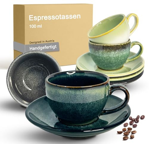 OndaCore Espresso Cups Set with Saucers 4x100 ml, Colourful Thick-Walled Stoneware Coffee Cups, Handmade, Dishwasher Safe, Microwave Safe, Ceramic Cups for Espresso, Tea, Moka