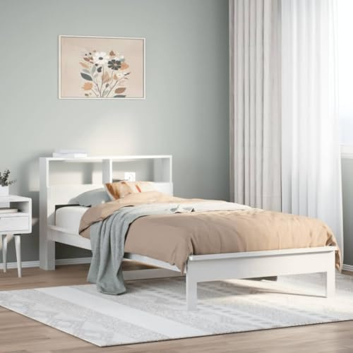 QJBSAVVA Massivholz Single Bett 90x200 cm Kiefer Weiß mit integriertem Regal Kopfteil Lattenrost Stauraum Jugendzimmer Gästezimmer Modernes Design für Schlafzimmer und kleine Räume