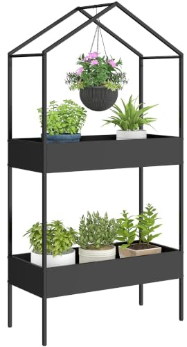 Outsunny 2-Etagen Pflanzenständer in Hausform 150 cm hoch Schwarz | Blumenständer mit Haken, Metall Pflanzenregal, Mehrstöckig Blumentopfständer, Blumenregal für Garten Balkon, Deko