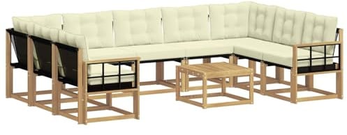 vidaXL Outdoor-Sofagarnitur mit Kissen 10 pcs Weiß und Creme, Moderne Gartenmöbel, Akazienholz-Sofa, Textilene-Rücken, strapazierfähige Sitzmöbel, Bequeme Liegeplätze