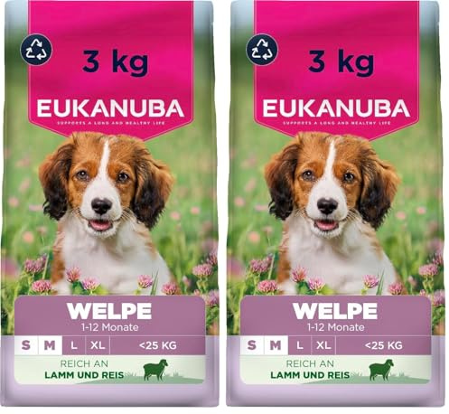 Eukanuba Welpenfutter mit Lamm und Reis für kleine und mittelgroße Rassen - Premium Trockenfutter für Junior Hunde, 3 kg (Packung mit 2)