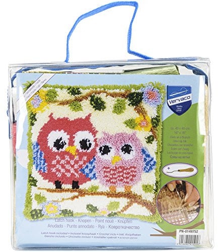VERVACO Deko Kissenbezug Knüpfset für Anfänger EULEN AUF Zweig Basteln Erwachsene Kreativ DIY Handarbeit Selber Knüpfe 40 x 40 cm Latch Hook Kit Set Kissen Knüpfkissen mit Knüpfhaken, Multicolor
