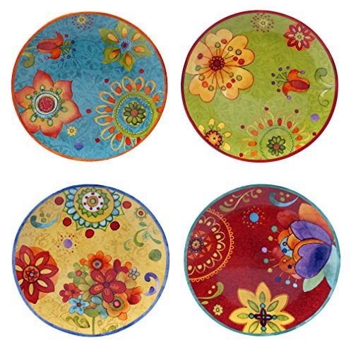 Tunisian Sunset 8.75 Ceramic Salad & Dessert Plates, Set of 4 – Assorted Multicolor Boho Designs, Folk-Inspired Plates for Appetizers, Snacks, Brunch & Everyday Eclectic Dining