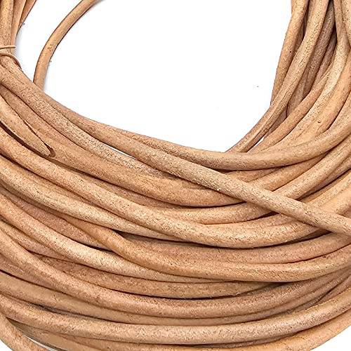 Cordon en cuir rond - Diamètre : 6 mm-, naturel, 25 m