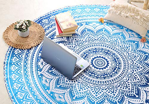 Popular Handicrafts Runder Wandteppich, Wandbehang, Ombré-Stil, Hippie-Mandala, Bohemian, Hippie, aufwendige indische Wandteppiche, Tischdecke, 178 cm, Blau
