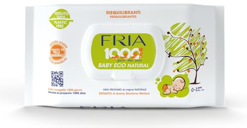 Fria Baby Eco Natural 1000 Giorni Salviette per Cambio Pannolino, Formula con Estratto di Avena ad Azione Riequilibrante sulla Pelle, Dermatologicamente Testate, Confezione da 72 Salviette