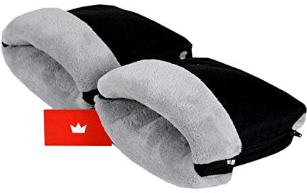 BabyLux Handmuff für Kinderwagen Buggy MUFF Reißverschluss Handwärmer Handschuhe (MR3 Schwarz + Minky Grau)