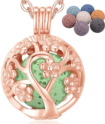 INFUSEU Collier Diffuseur Huile Essentielle, Sautoir Femme Fantaisie Long Fleurs De Cerisier Aromathérapie Diffuseur Huiles Essentielles Colliers Or Rose Pendentif