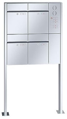 RENZ/Plan / 4er Freistehende Briefkastenanlage Standbriefkasten mit Sprechfeld / V4A-Edelstahl/Volumen 21 L/mit Fußplatten/Dein-Briefkasten.de