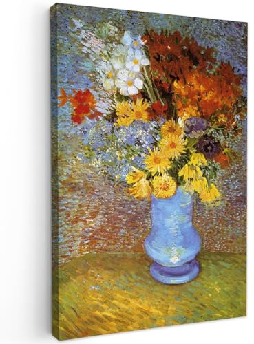 MuchoWow Leinwand Bilder, Einzigartige Wanddeko mit Rahmen, Vase mit Gänseblümchen und Anemonen - Vincent van Gogh, Wandbilder Wohnzimmer, Deko Schlafzimmer 80x120 cm