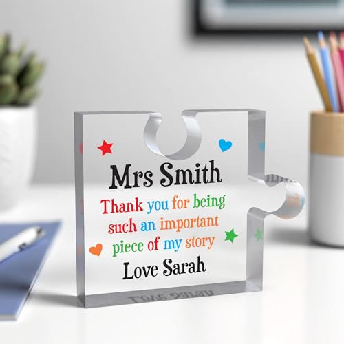 Beecreative Personalised Teacher Gifts, Thankyou Teacher Gifts, Puzzle Piece Thank You Gifts for Teacher Head Teacher, Teaching Assistant Gift, Puzzle Block With Grey Bag