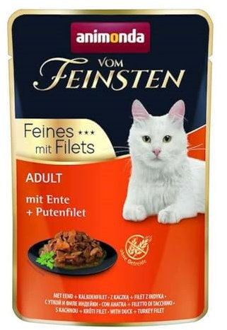 animonda vom Feinsten mit Filets, Katzenfutter nass mit Ente + Putenfilet, 18 Portionsbeutel (18 x 85 g), getreidefreies Nassfutter für Katzen ohne Zucker, mit fleischigen Zutaten