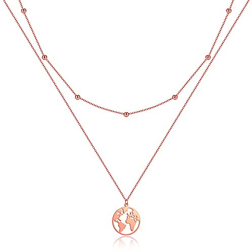 AFSTALR Rosegold Welt Kette Damen Welt Anhänger Halskette Frauen Doppel Kette Weltkugel Multilayer Kette mit Perlen
