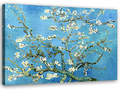 Feeby Impression sur Toile Intissé Reproduction Vincent Van Gogh Amandier en fleur 45x30 cm Image Moderne Tableau Déco Mural Salle De Séjour Fleurs Plantes Nature bleu