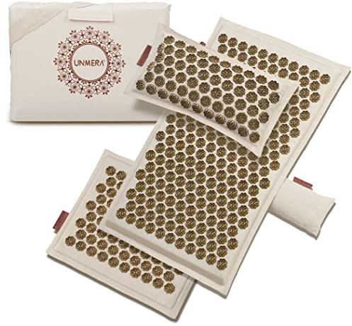 UNMERA Acupressure Mat and Pillow Set,Natural Premium Linen & Coconut Fiber Filling,for Back/Neck Pain Relief, Sciatic, Headache and Muscle Relaxation, Comes with Carrying Bag