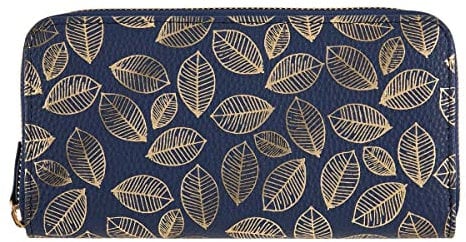 DRAEGER PARIS 1886 - Grand Portefeuille Femme - Feuilles Dorées Bleu Marine - Polyuréthane - 18,5 x 2,5 x 10 cm - Nombreux Rangements - Idée Cadeau Élégante - Collection Petite Maroquinerie