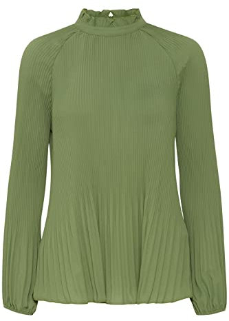 ICHI IHLARA LS Damen Lange Bluse Langarm Plissee Bluse mit Stehkragen hinterer Reißverschluss Regular Fit, Größe:S, Farbe:Willow Bough (180119)