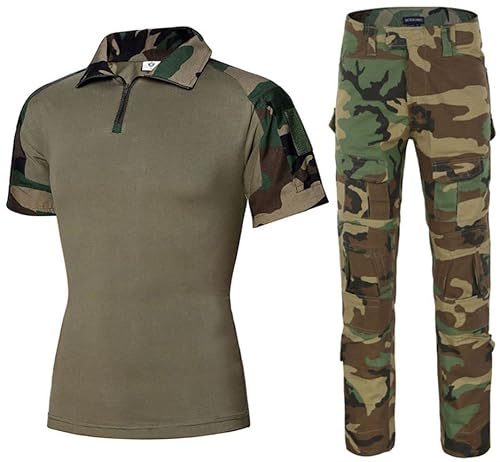 Uugood Camiseta Hombre Manga Corta Uniformes Tácticos Militares, Camisa de Combate y Pantalón, Camiseta Camuflaje de Verano, Conjuntos de Pantalón para Airsoft, Caza, Paintball