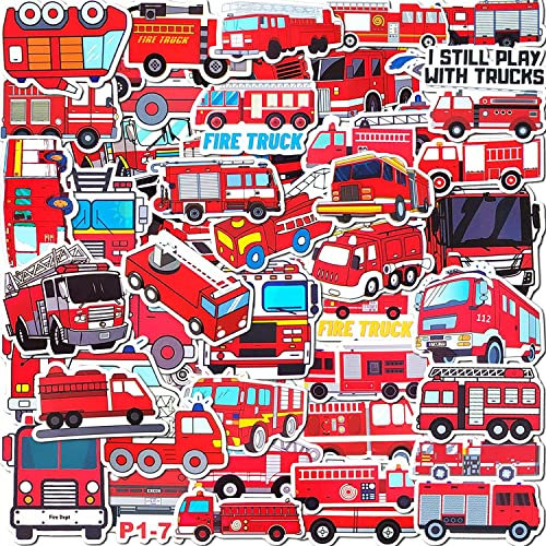 50PCS Fire Truck Stickers for Kids Teens, Cute Cartoon Fire Fighting Engine Vehicles Sticker Pack for Water Bottles Bicycle Laptop Luggage, Vinyl Waterproof Decals for Fire Vehicles Theme Party Decor