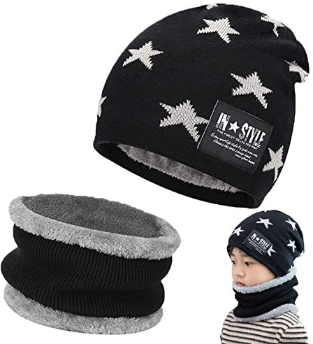 Tuofang Kinder Winter Warm Beanie Mütze und Loop Schlauchschal Set mit Fleece Gefütterte, Wintermütze und Loop Schal, für 5-15 Jahre Alt Jungen Mädchen Wintermütze Halswärmer Strickset (Schwarz)