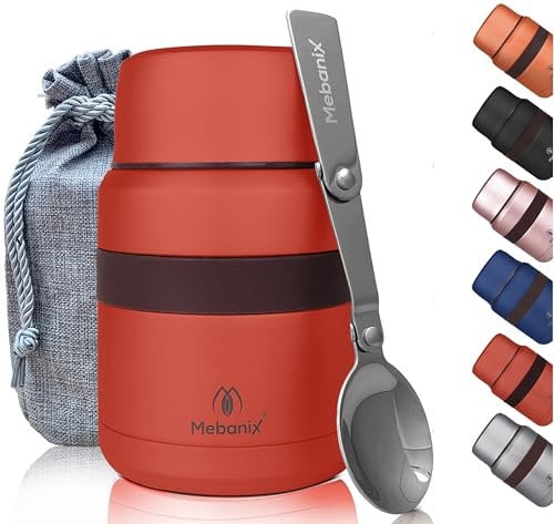 Mebanix Food Flask for Hot Food, Soup | 400ml Stainless Steel Double Walled Vacuum Insulated Leakproof Jar with Folding Spoon | BPA Free | 6 hrs hot 10 hrs cold | For Adults and Kids. Red.